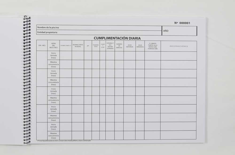 Libro registro control calidad agua piscinas