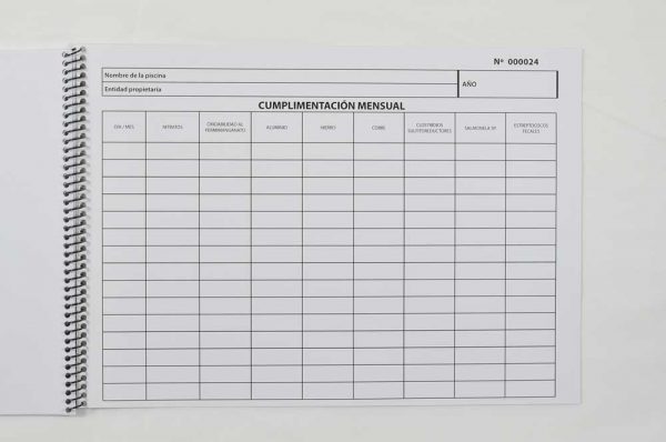 Libro registro control calidad agua piscinas
