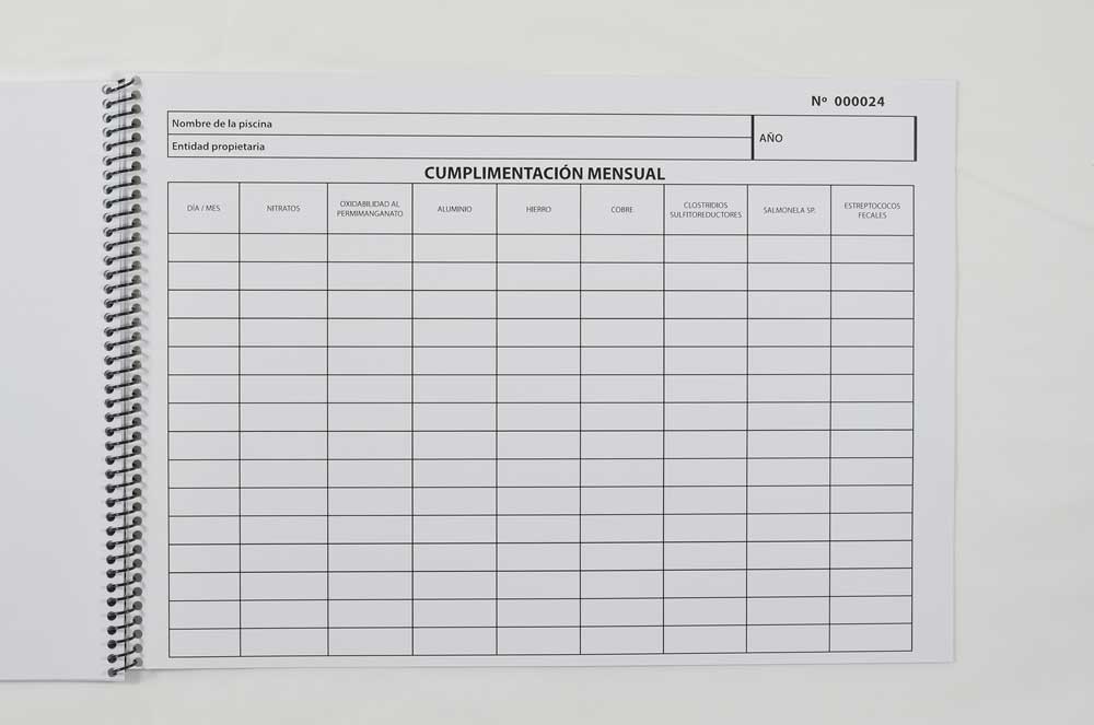 Libro registro control calidad agua piscinas