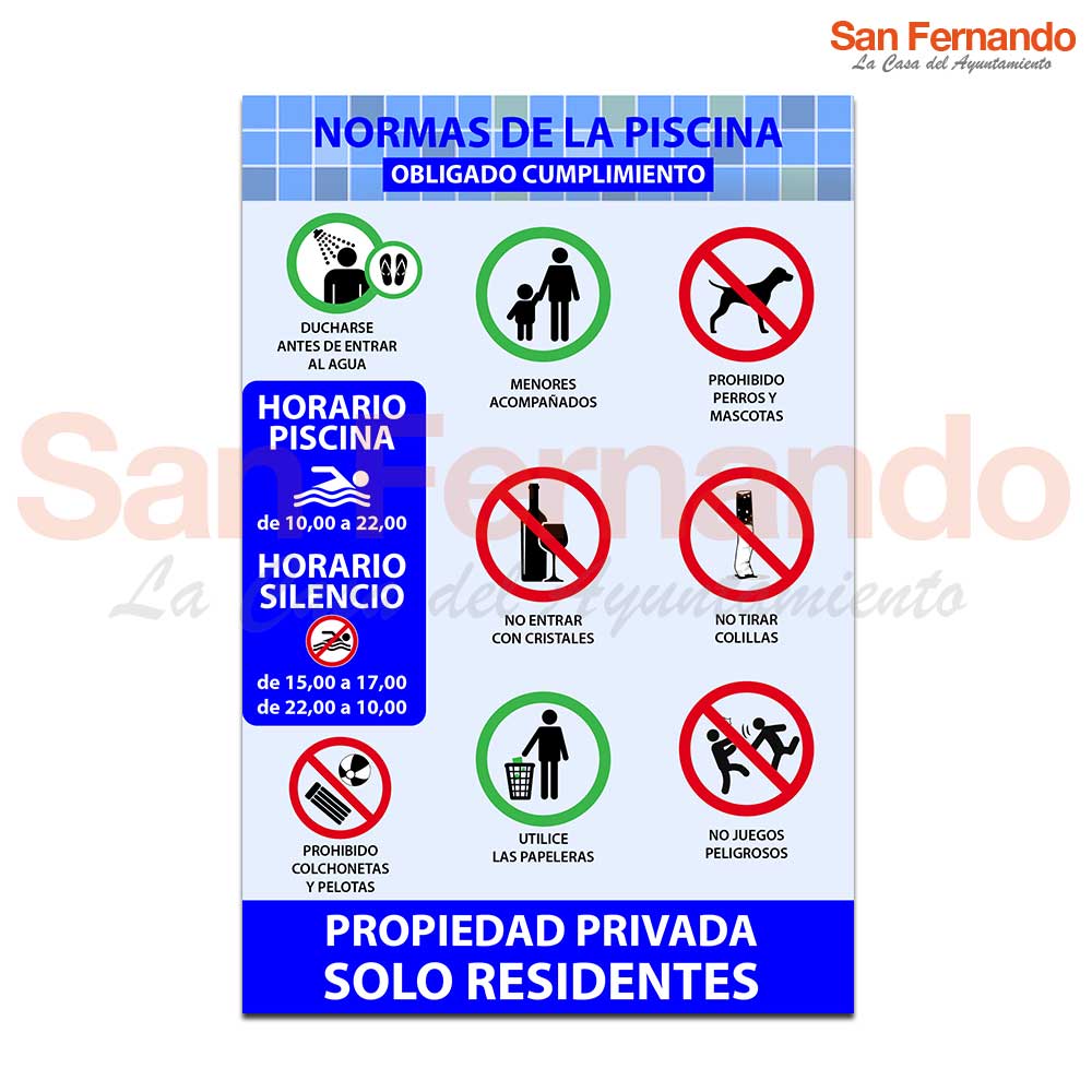 cartel con normas de piscina publica privada