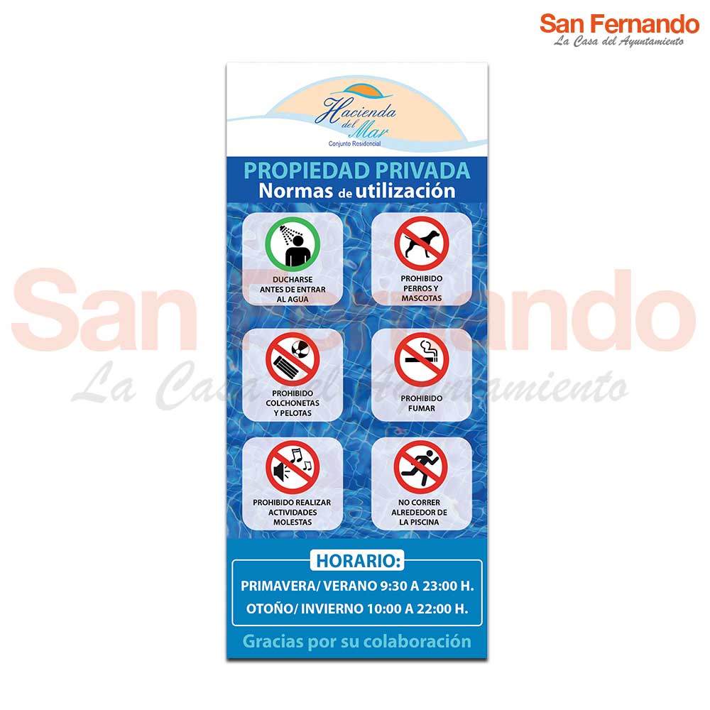 cartel con normas de piscina publica privada